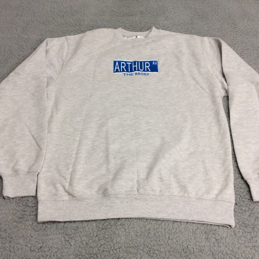 Crewneck Sweatshirt -Embroidered "Arthur Ave The Bronx" Large -Grey